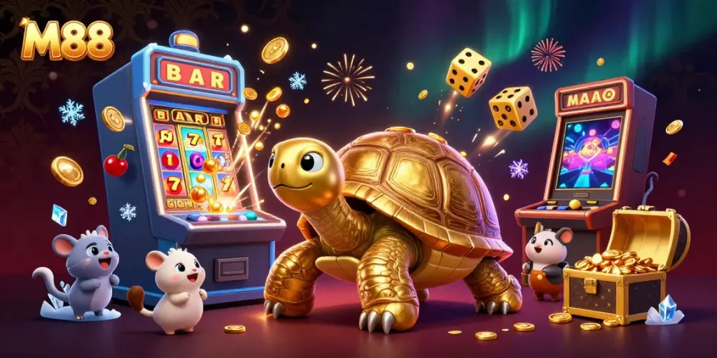 M88 slot game highlight with a golden tortoise pinball machine, showcasing vibrant, dynamic casino elements.