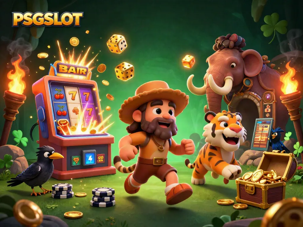 Experience the thrilling PSGSLOT adventures in a dynamic prehistoric casino scene filled with vibrant characters and explosive wins.