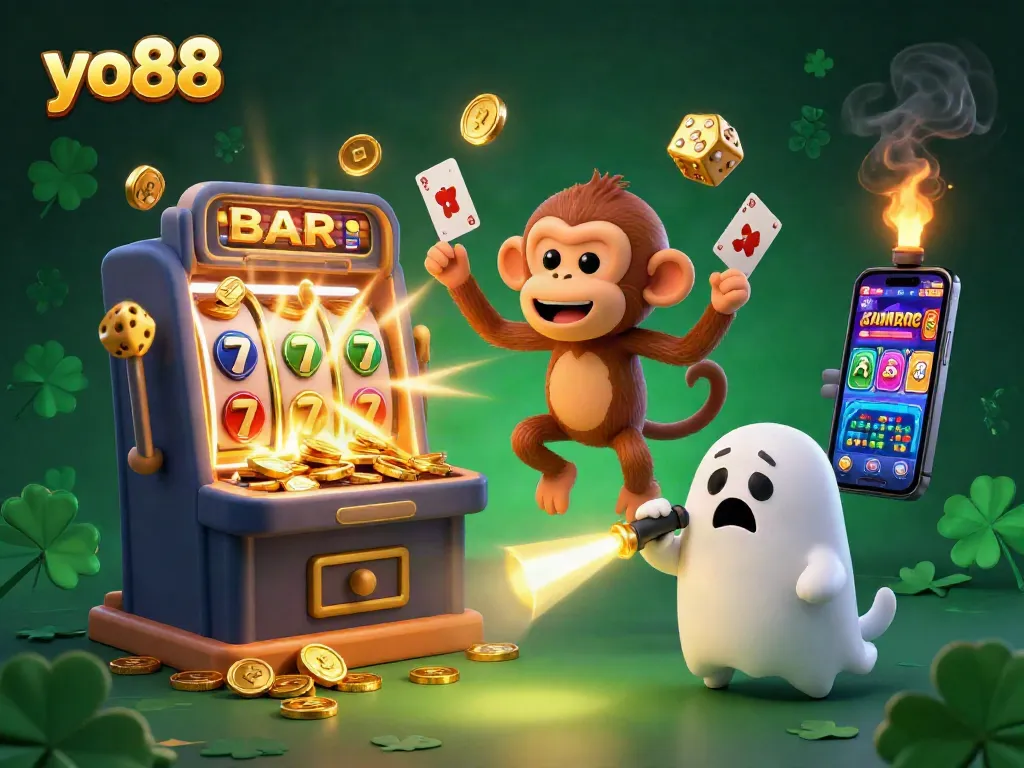 Join the excitement at yo88 with a 3D scene featuring a playful monkey and an adventurous puppy in a vibrant casino setting.
