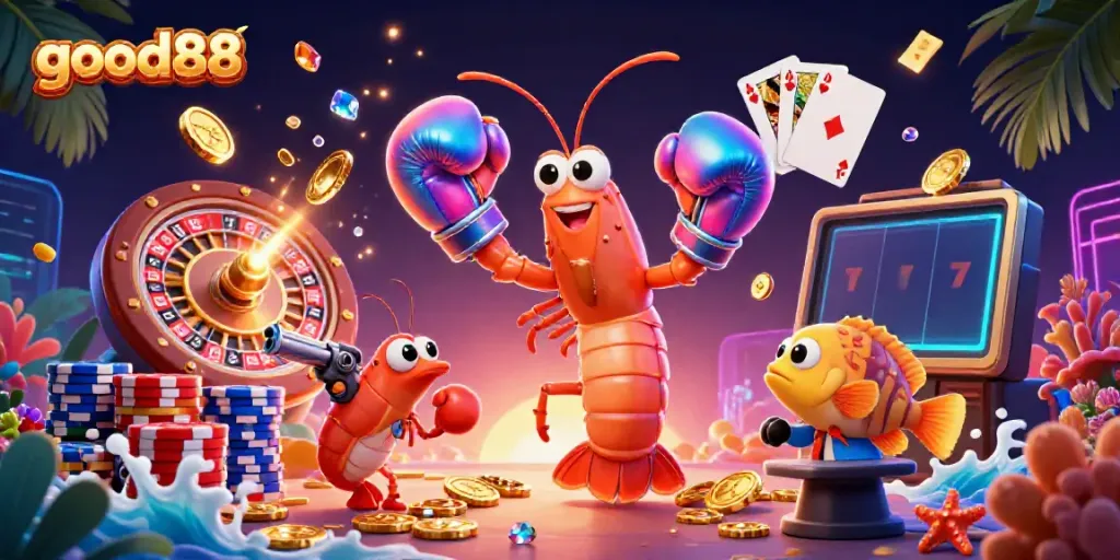 Experience gaming excitement with good88 featuring energetic sea creatures and casino elements.