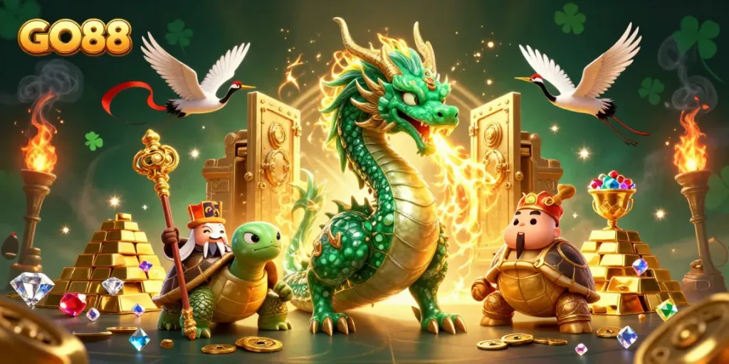 Experience the excitement of GO88 with a vibrant 3D scene featuring a dragon, turtles, and treasure.