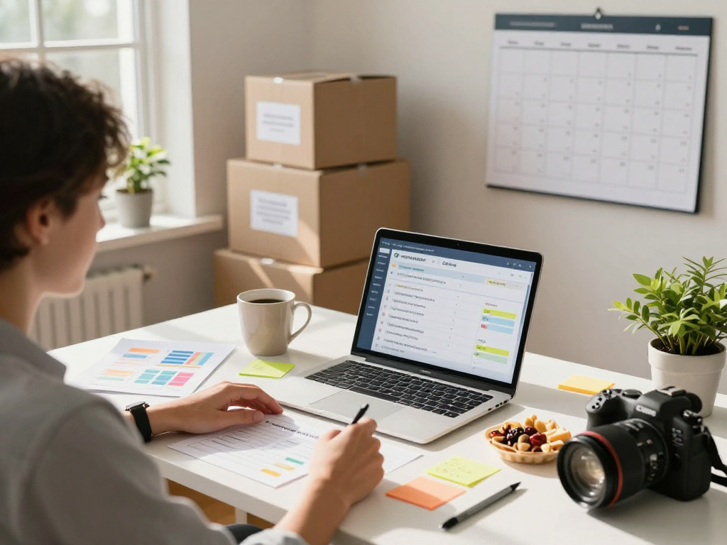 Efficient moving checklist setup on a desk with colorful sticky notes, laptop, and organized moving boxes.