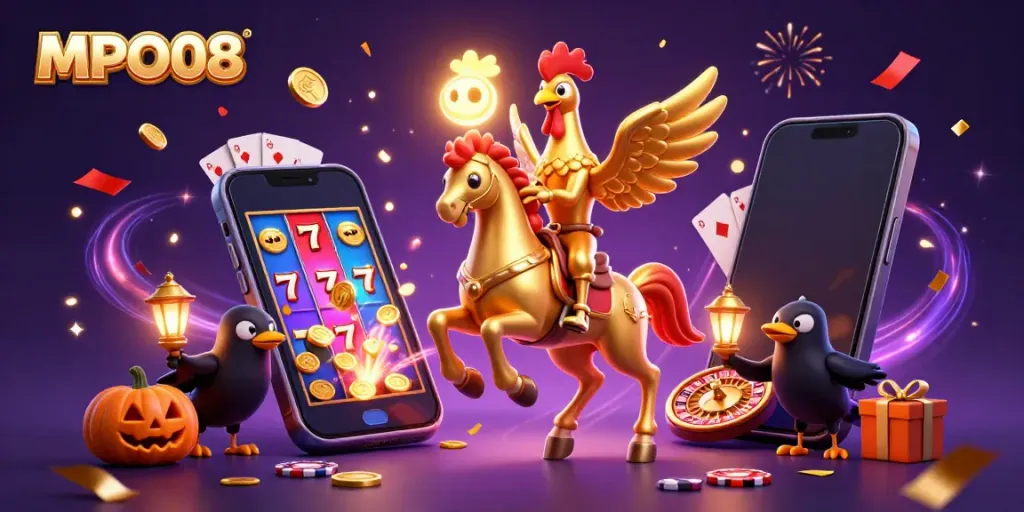 MPO08 golden rooster heads into a midnight casino, with festive gaming elements surrounding.