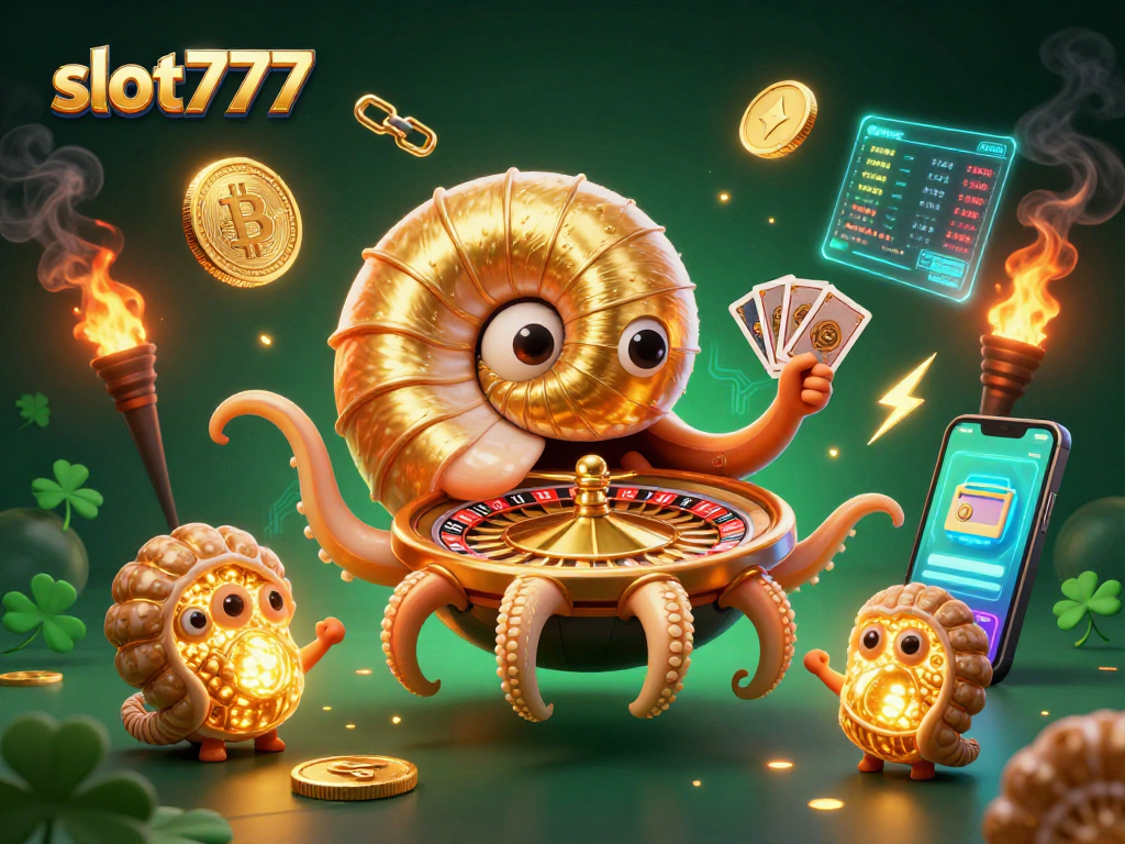 Engage with slot777 at a vibrant casino scene featuring a giant nautilus as a roulette wheel.