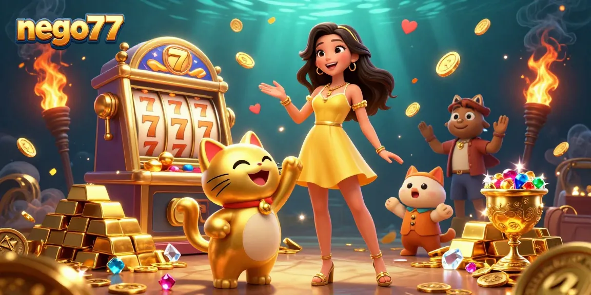 Engage with nego77 for thrilling slot action, featuring vibrant characters and rich casino elements.