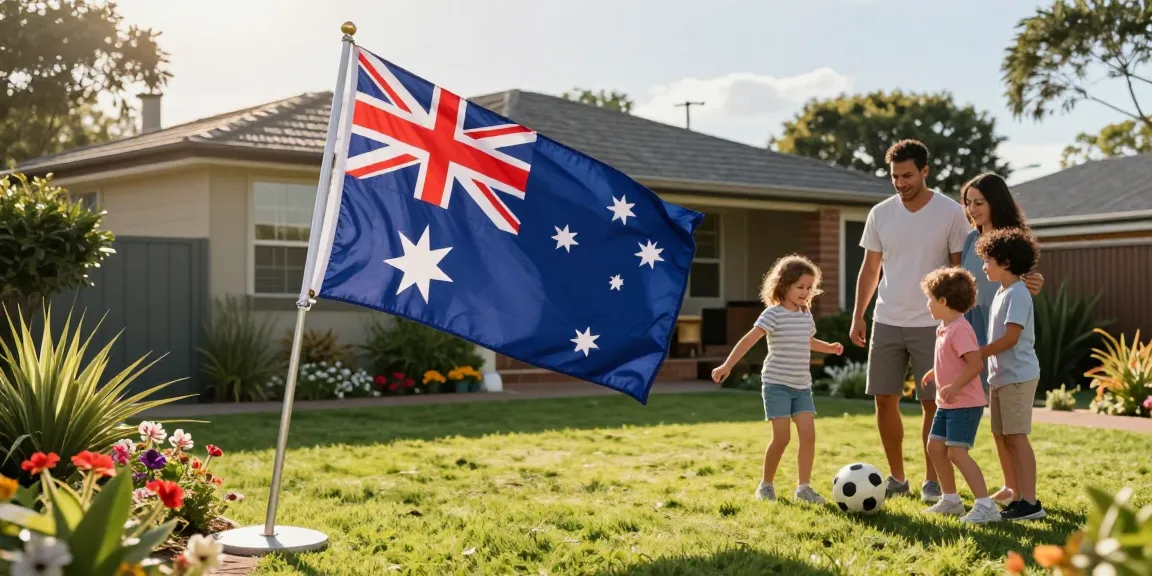 Flagpoles Australia in a family backyard setting with an Australian flag.