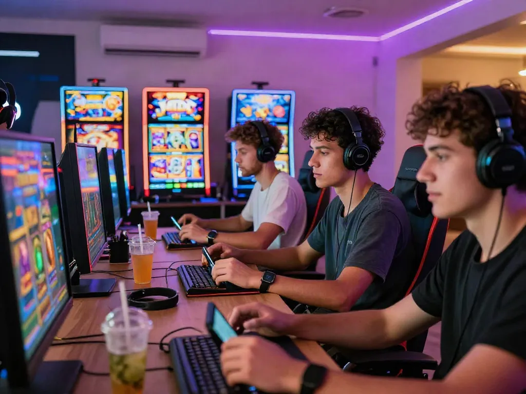 Players enjoying engaging slot games in a vibrant online gaming setup.