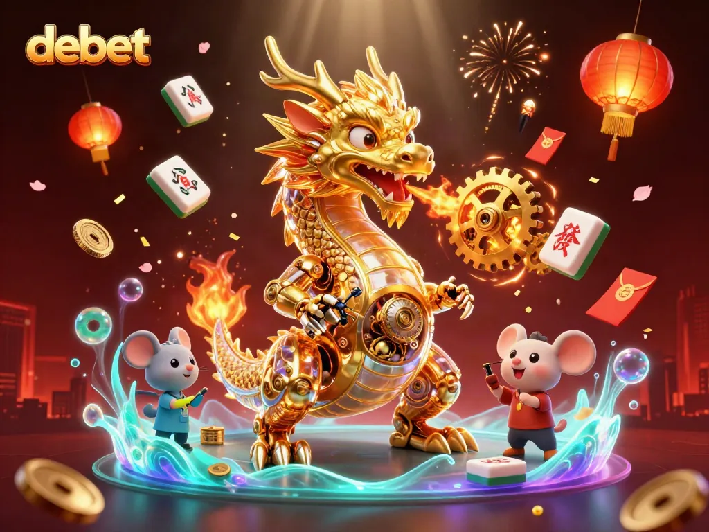 Engage with debet's thrilling gambling world featuring a golden dragon, gears, and dynamic casino elements.