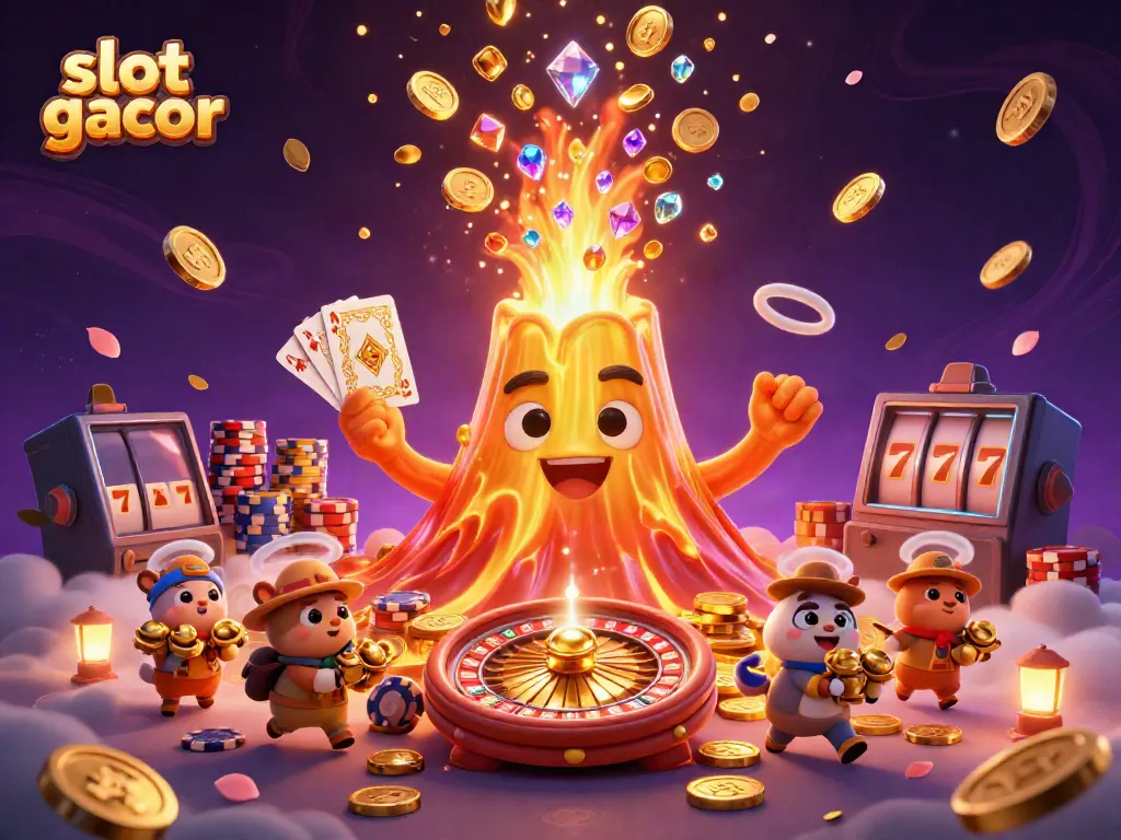 Experience the thrill of slot gacor with coins, treasures, and a magical volcano in a vibrant casino scene.