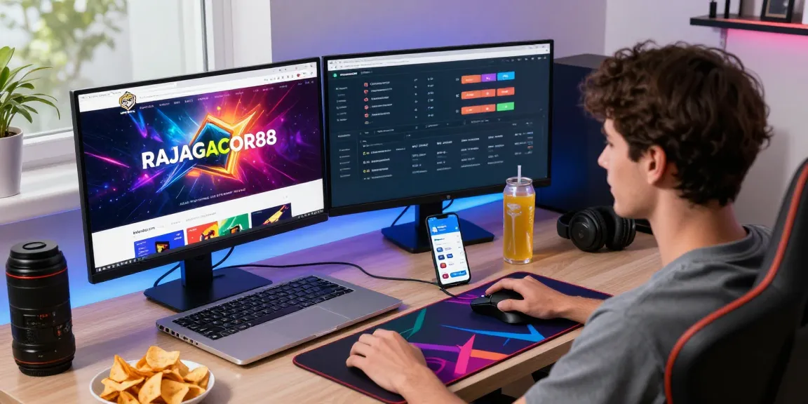 RAJAGACOR88 gaming portal access, user online with laptop, engaging gaming atmosphere.