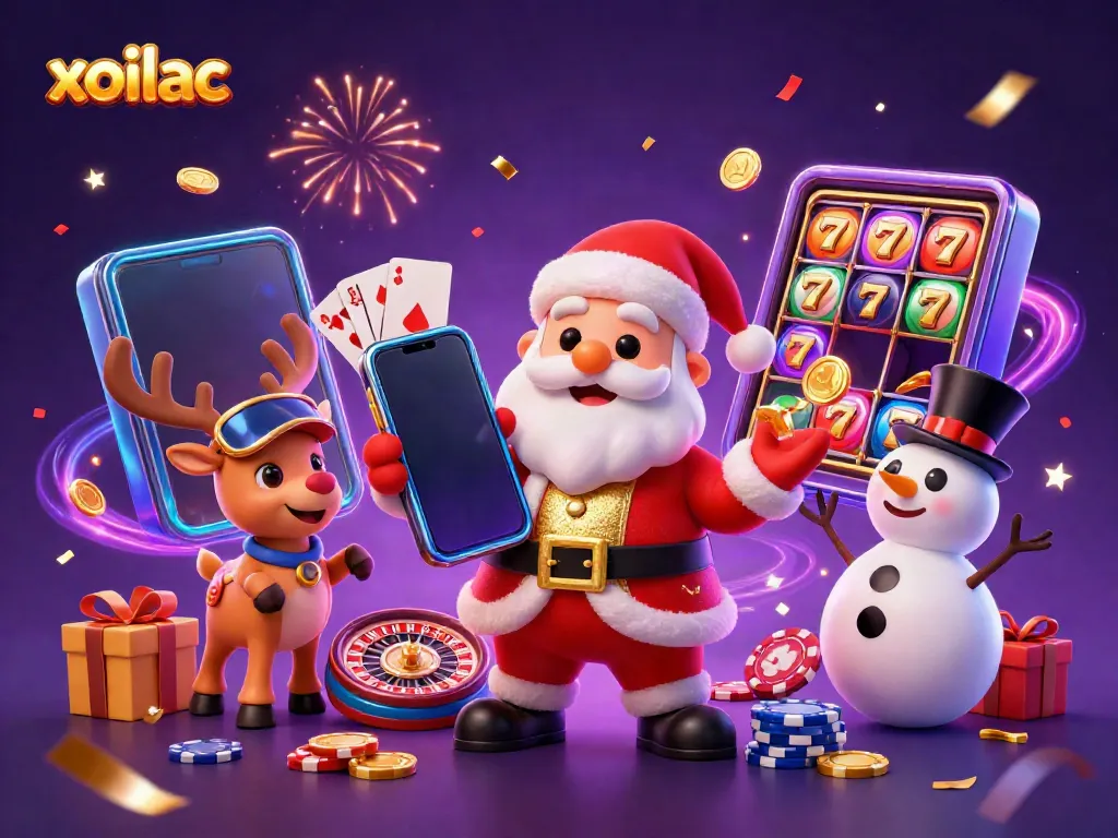 Xoilac features a thrilling jackpot scene with Santa celebrating casino wins alongside festive companions.