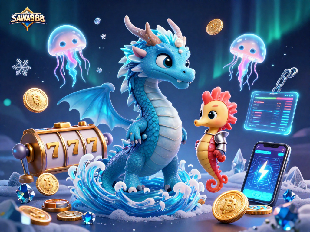 Experience exciting gameplay with SAWA888, featuring a dynamic 3D dragon and vibrant slot elements.