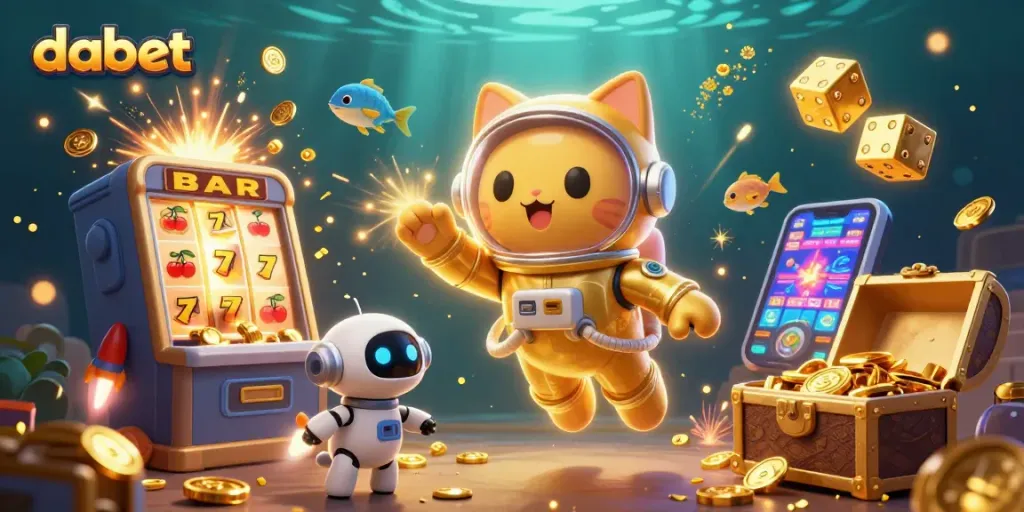 dabet slots burst with coins and lights in a vibrant 3D casino illustration