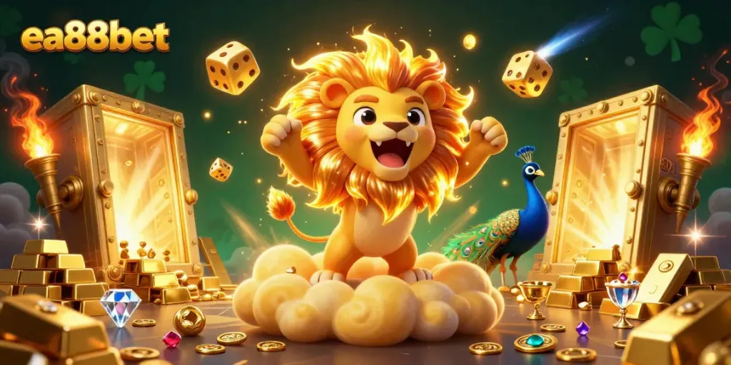 Experience thrilling wins with ea88bet in this dynamic casino scene filled with golden treasures and vibrant energy.