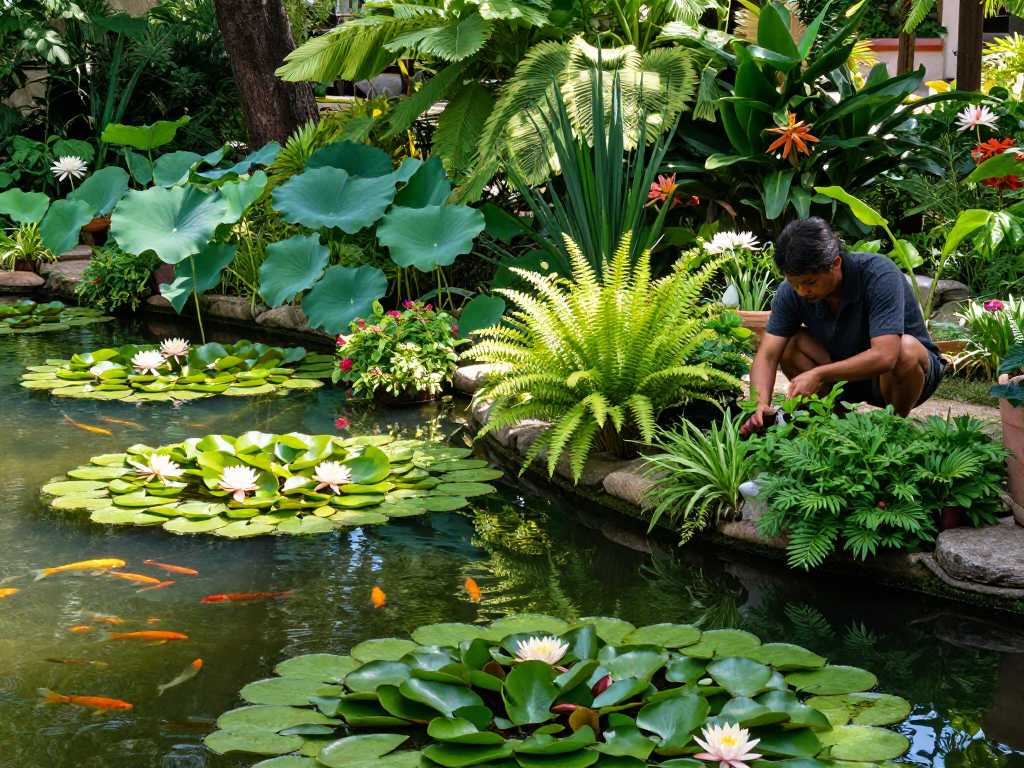 Pond Plants flourishing in a tranquil garden setting with colorful flowers and a serene pond.