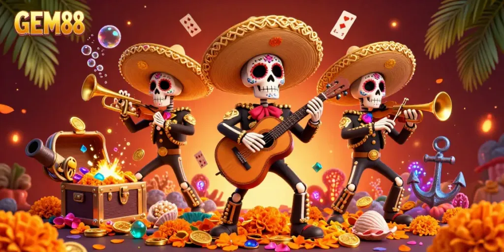 Experience GEM88 with vibrant mariachi skeletons, gold coins, and colorful treasures in this exciting 3D scene.