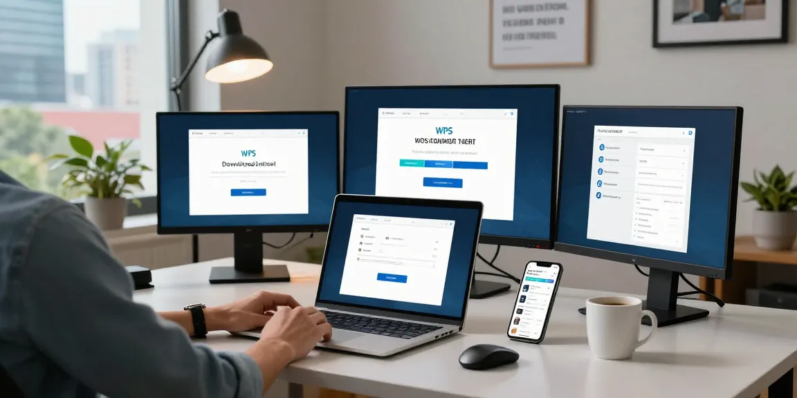 WPS Download page on a laptop in a modern workspace showcasing installation process and productivity setup.