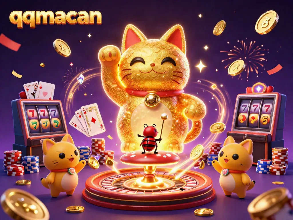 qqmacan showcases a vibrant 3D illustration of a lucky cat made of fireflies, symbolizing exciting casino games.