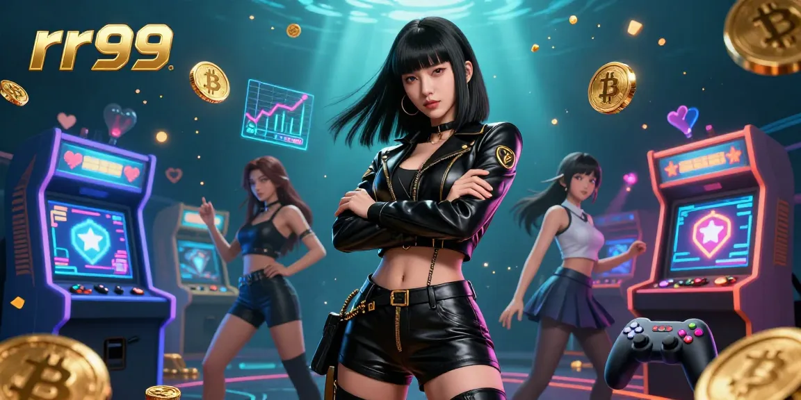 Experience thrilling gaming on rr99 with an Asian woman in a sleek outfit amidst dynamic casino elements.