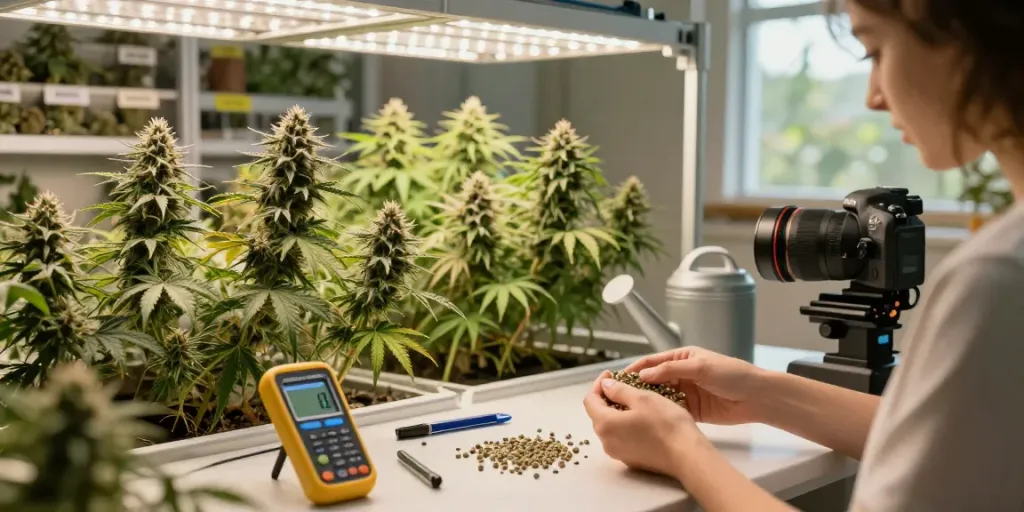 Explore high-quality cannabis seeds in a vibrant indoor cultivation room.