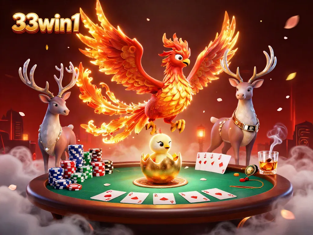Experience the excitement at 33win1 with a vibrant 3D casino illustration showcasing poker and gaming elements.