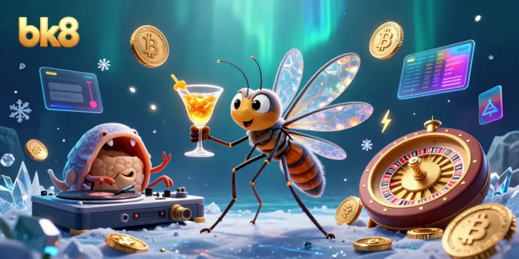 Experience vibrant bk8 casino excitement with animated characters, neon coins, and dynamic gaming elements