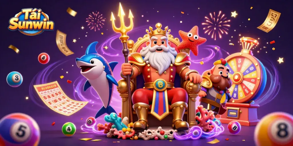 Experience winning with Tải Sunwin, featuring Neptune and vibrant lottery elements in an exciting casino scene.