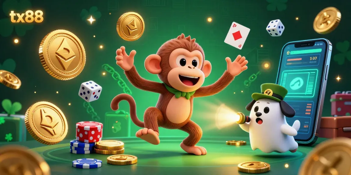 Experience the thrilling tx88 casino atmosphere with a playful monkey juggling gold and a ghost-hunter puppy exploring.