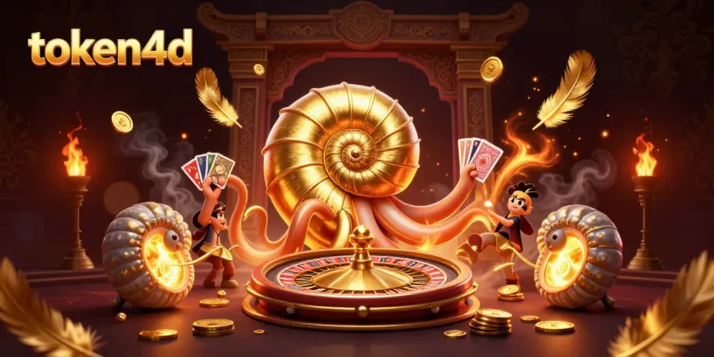 Ilustrasi 3D token4d yang menampilkan nautilus raksasa dengan cangkang roulette dikelilingi koin emas dan efek api.