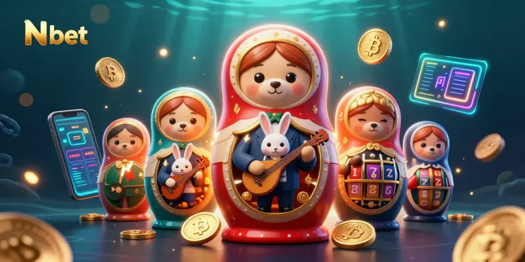 Nbet showcases vibrant casino activity with a cartoon bear and rabbits, revealing dealer outfits.