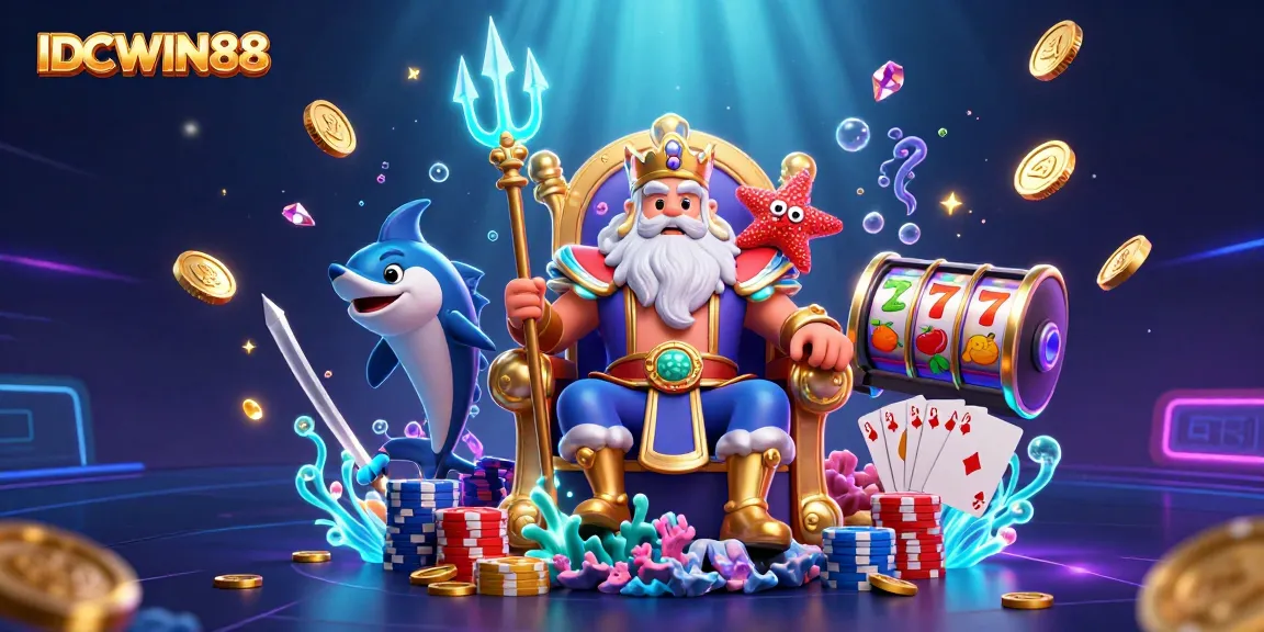 Play slots and win big with IDCWIN88 in a vibrant casino scene featuring lucky sevens and shimmering gems.