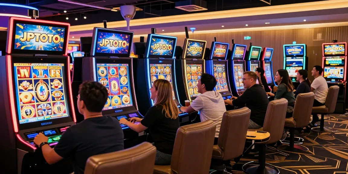 Exciting JPTOTO casino scene with players at slot machines and vibrant lights.