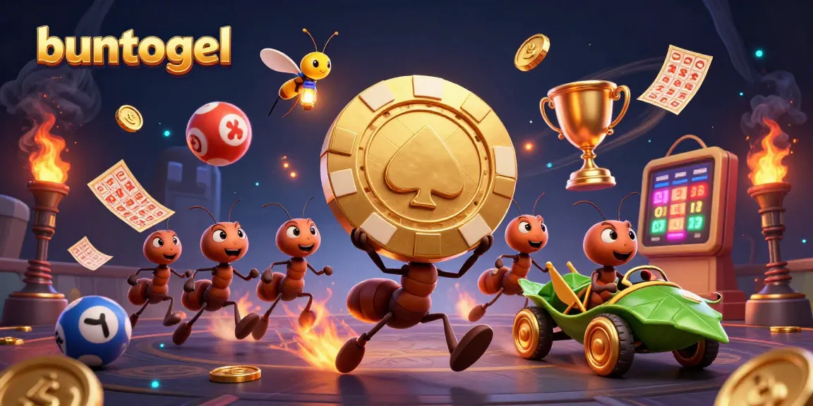 Engage in thrilling gameplay with buntogel as ants carry a giant poker chip in a vibrant gambling scene.