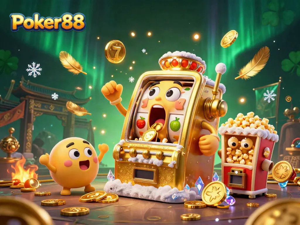 Experience the thrill of Poker88 as golden slot machines celebrate winning jackpots in a vibrant casino scene.