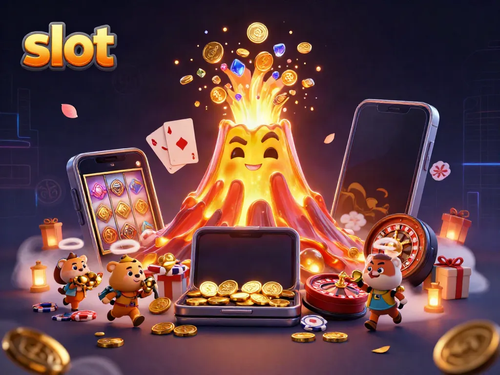 Menggandakan slot dengan petualang hewan kecil mengumpulkan harta karun di sekitar gunung berapi emas yang mengeluarkan koin.