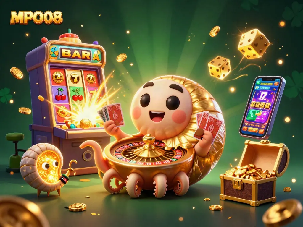 MPO08 features a vibrant casino scene with a giant nautilus and jackpot explosion.