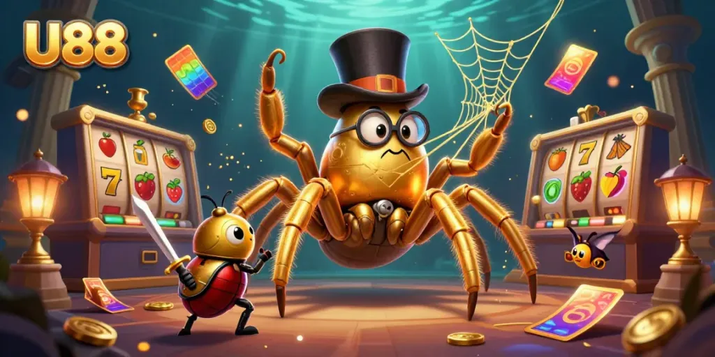 Join the exciting casino world at U88, represented by a golden tarantula and a brave beetle knight.