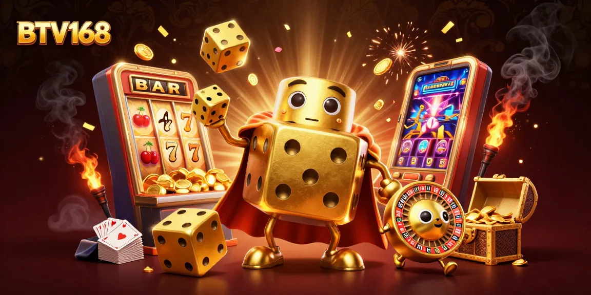 BTV168 reveals a thrilling casino scene with a golden dice golem and vibrant game elements.