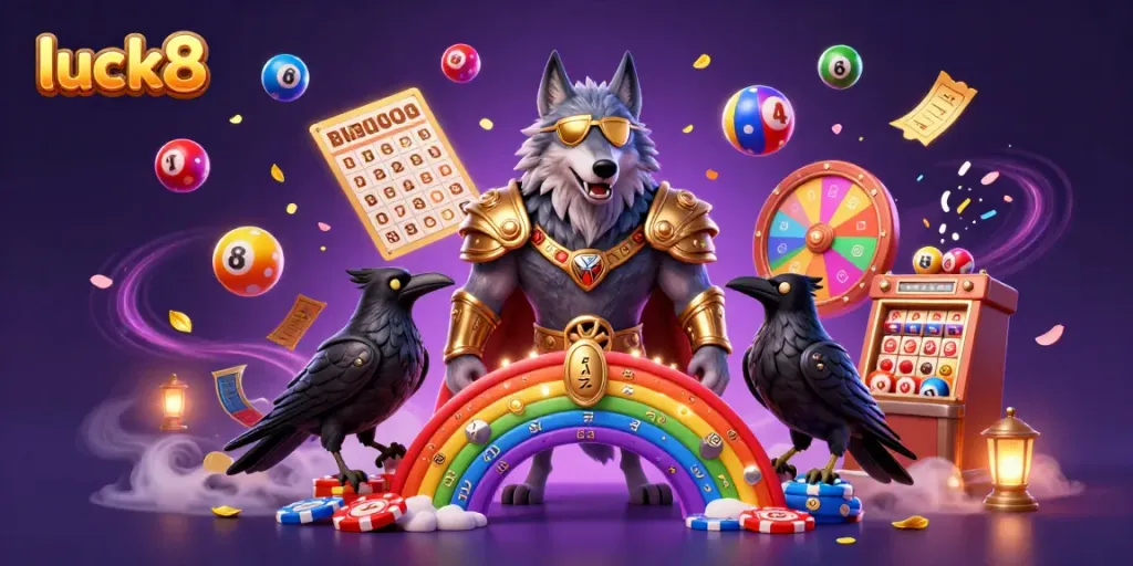 Experience the luck8 excitement with a vibrant 3D illustration showcasing gaming elements and mystical characters.