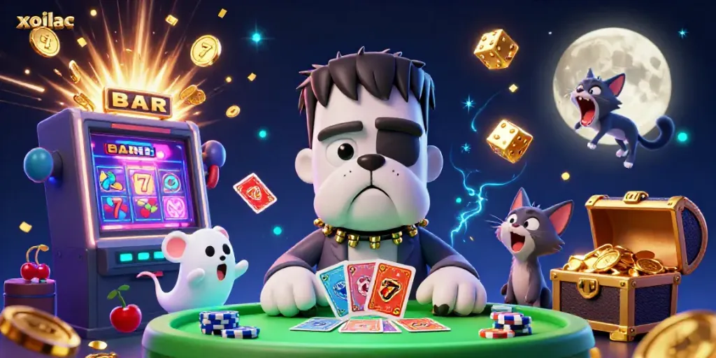 Xoilac online gambling illustration featuring a cartoon bulldog dealer, a ghost mouse, and a werewolf kitten in a casino environment.