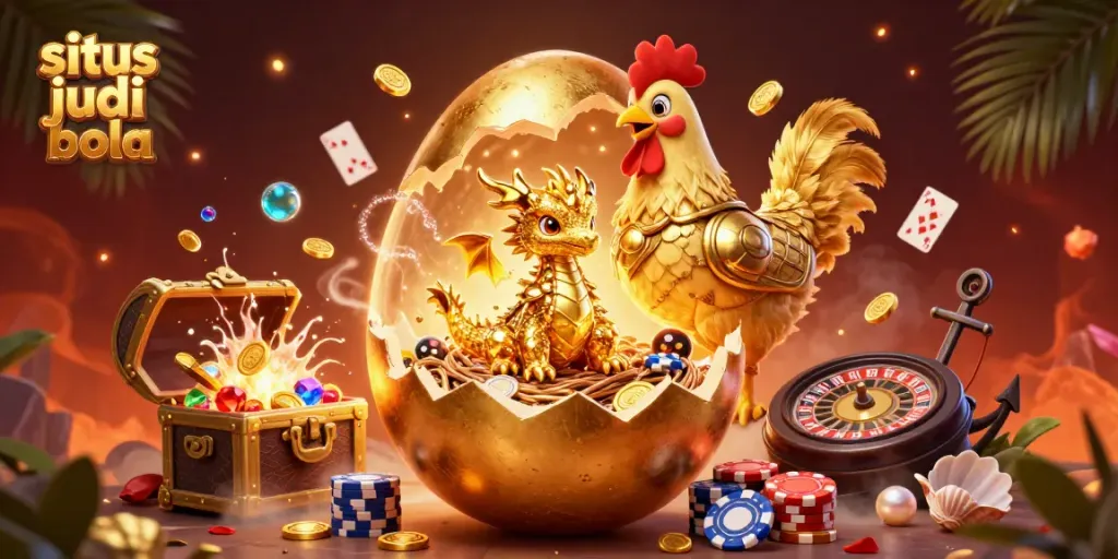 Experience the thrilling world of situs judi bola with golden dragon and poker chips in this dynamic 3D scene.