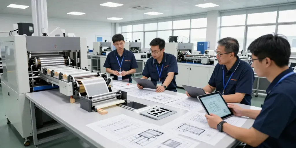 Engineers discussing customized packaging solutions in a modern manufacturing facility.