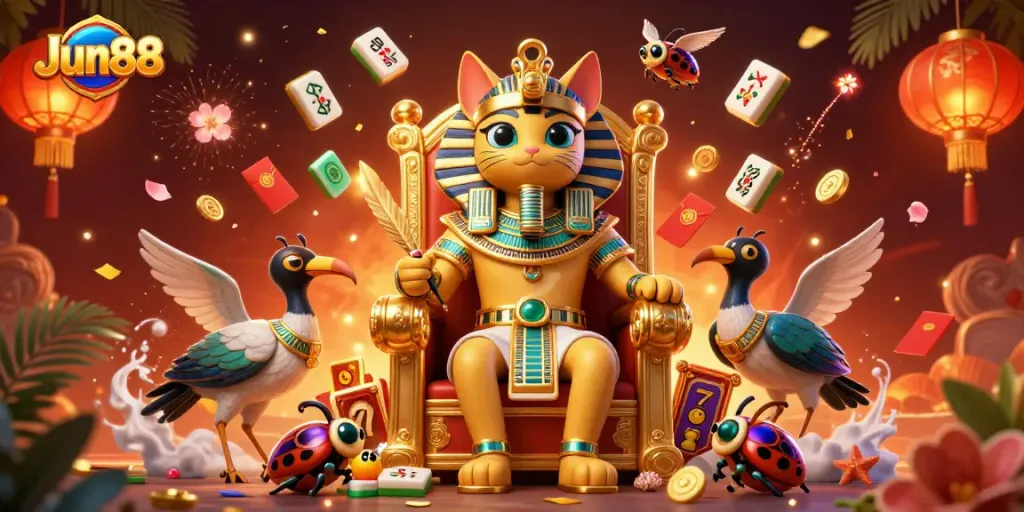 Experience thrilling slots at Jun88, featuring a vibrant scene with a cartoon pharaoh and dynamic game elements.