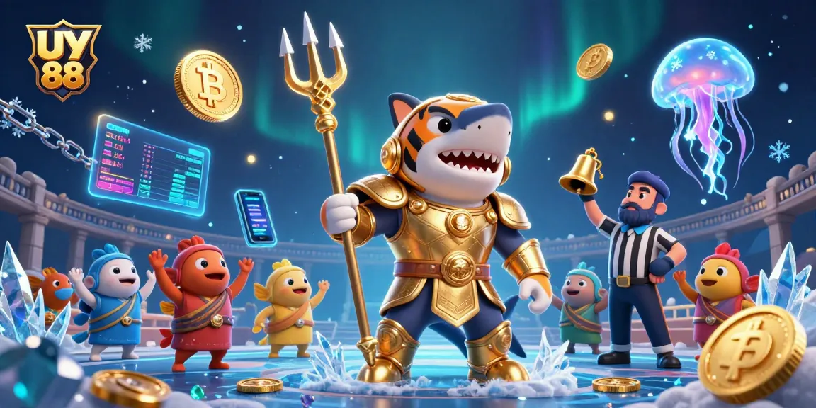 Engage with uy 88's vibrant underwater colosseum scene featuring a fierce shark gladiator.