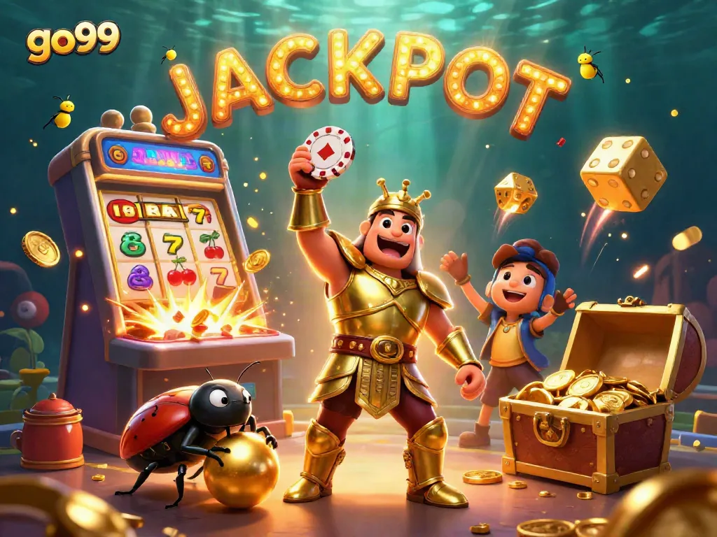 Experience the excitement of go99 with a vibrant jackpot scene featuring winning beetles and casino elements.