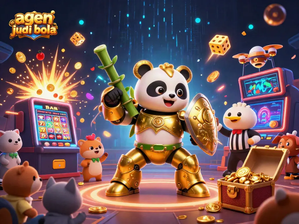 Experience thrilling agen judi bola action with a dynamic mech-suit panda and vibrant casino elements.