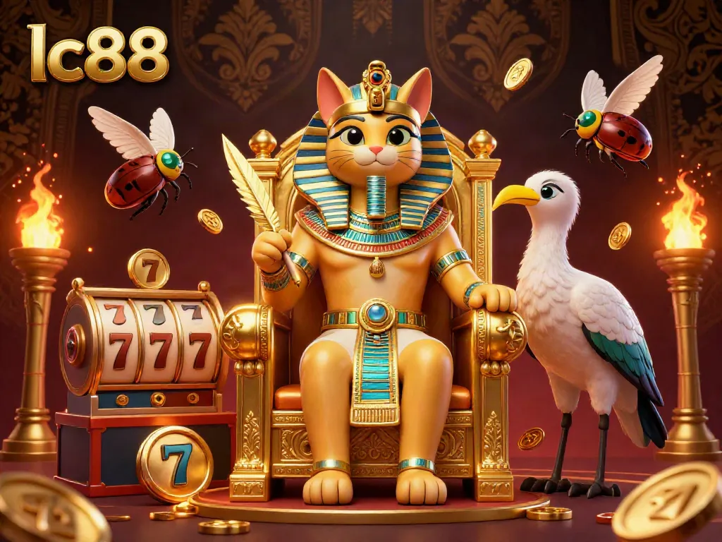 Experience the vibrant energy of lc88 with a cartoon Egyptian pharaoh cat and casino elements in an extravagant setting.