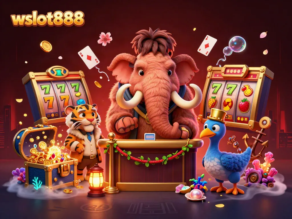 Gambarkan wslot888 beraksi di kasino dengan karakter unik seperti mamut berbouncer dan tamu VIP.