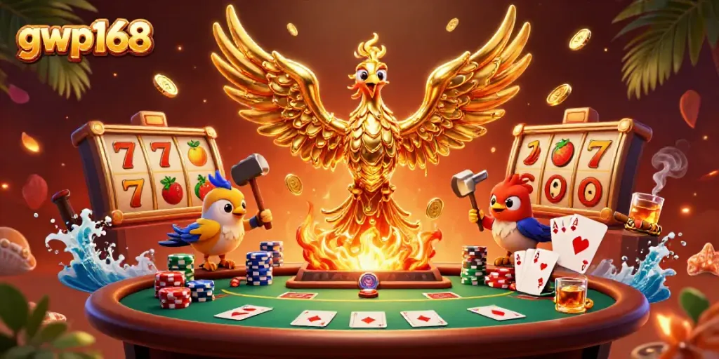 Menggambarkan permainan gwp168 dengan slot, karakter phoenix, dan elemen kasino yang menarik.