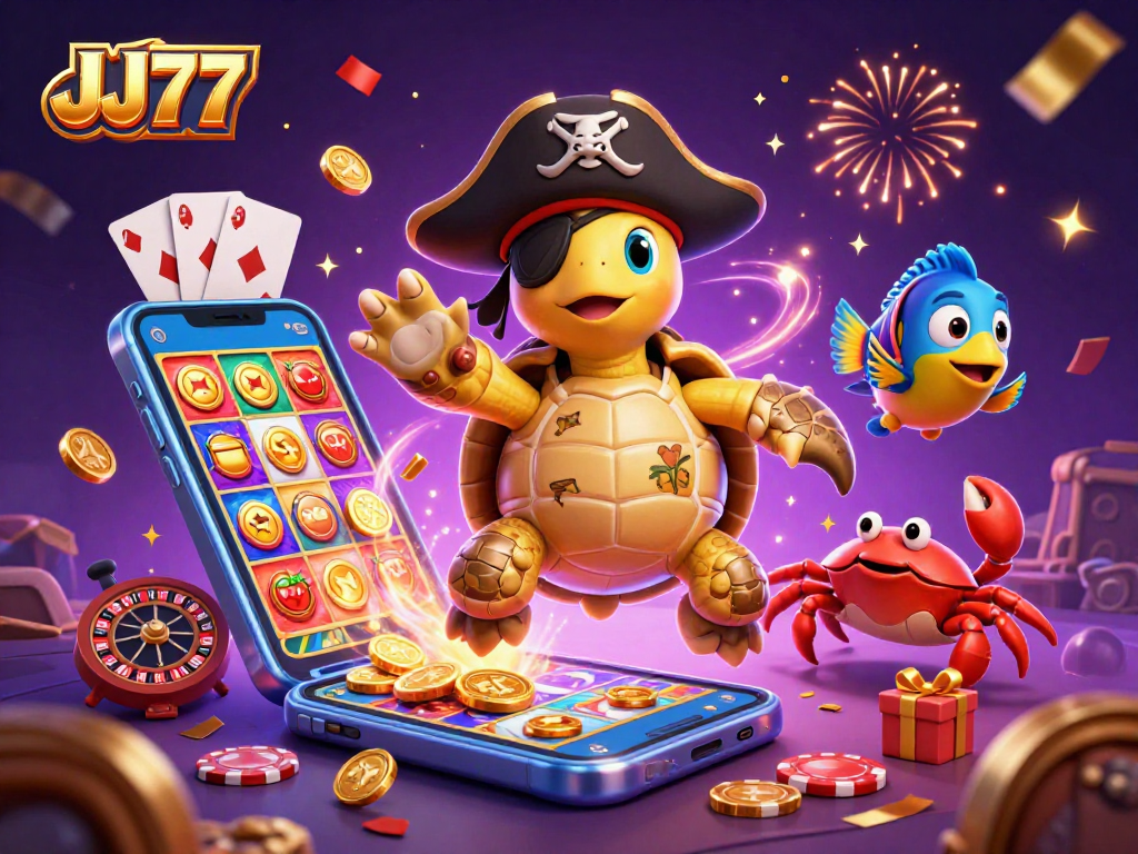 Join the adventure with JJ77, featuring a colorful scene of a pirate turtle, golden hermit crab, and parrotfish amidst fun gaming elements.